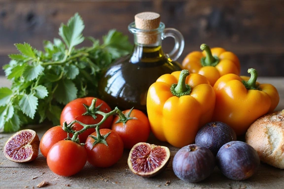 Cibi freschi mediterranei come verdure, frutta e olio d'oliva